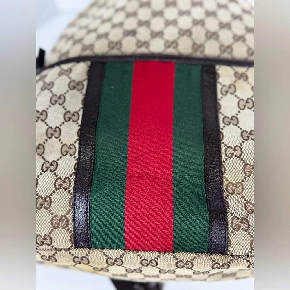 Gucci GG Supreme Cambas Web Monogram Beige and Green Backpack